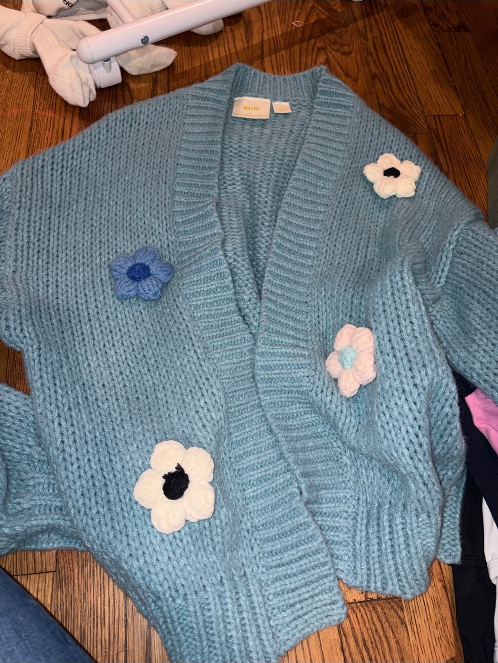 Maeve Anthropologie Chunky Knit Blue Floral Appliqué Cardigan Sweater One size
